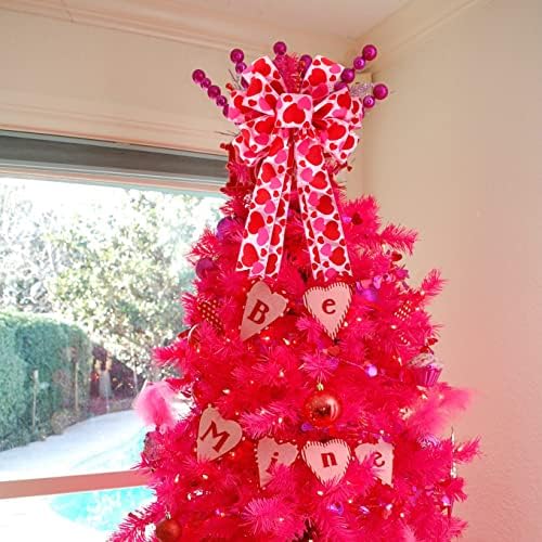 Valentine Tree Topper Bow with Heart Decorations, 11.4”x19.6” Large Red Pink Valentines Wreath Bow Decor for Valentine's Day Wedding Holiday Party Wall Home Front Door Decorative