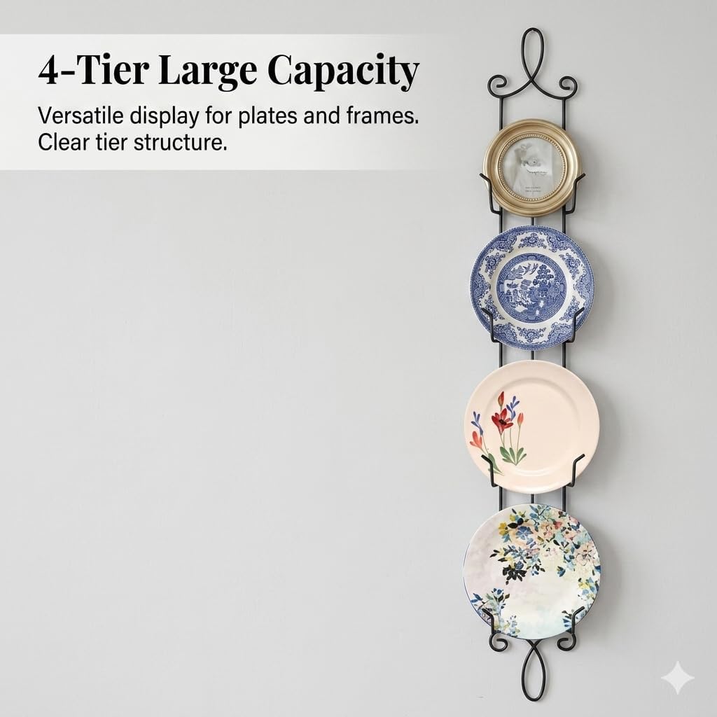 HOHIYA 42" Wall Plate Display Rack 2 Pack 4 Tier Metal Holder Black | Wall-mounted display rack organizes collectible