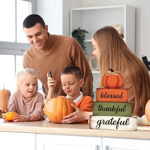 4 Pcs Fall Wooden Table Sign Fall Wooden Tiered Tray Decor Thankful Blessed Grateful Tabletop Signs Farmhouse Pumpkin Wood Blocks for Autumn Thanksgiving Harvest Home Kitchen Table Shelf Decor