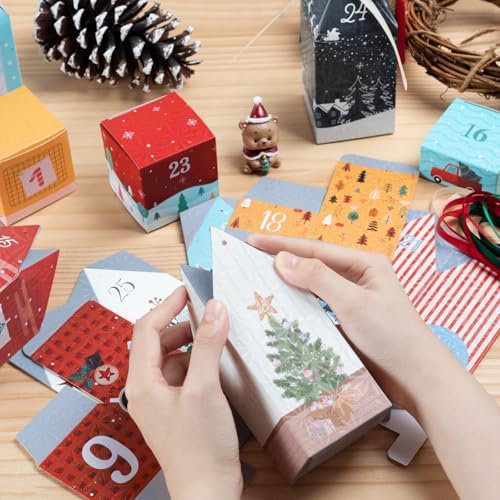 DIY Christmas Advent Calendar Boxes to Fill, 25 Numbered Empty Advent Calendar Houses Boxes, Countdown Advent Calendars Surprise Gift Boxes for Kids Family Friends, XMAS Holiday Decor -25 Designs