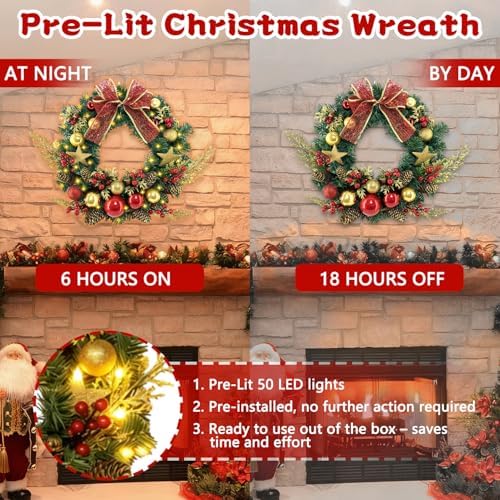 16 in Pre-Lit Christmas Door Wreath with Timer & Hanger & 50LED Warm Lights