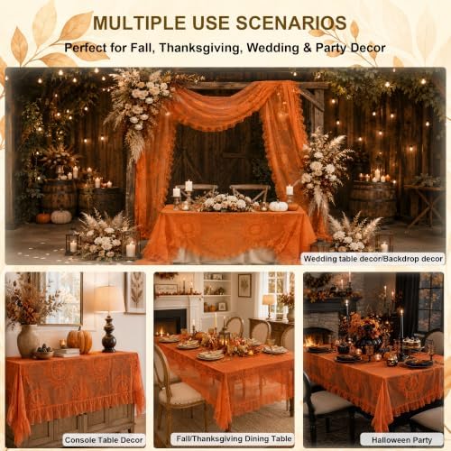 Fall Orange Lace Tablecloth, Vintage Rectangular Table Cloth 55”x70
