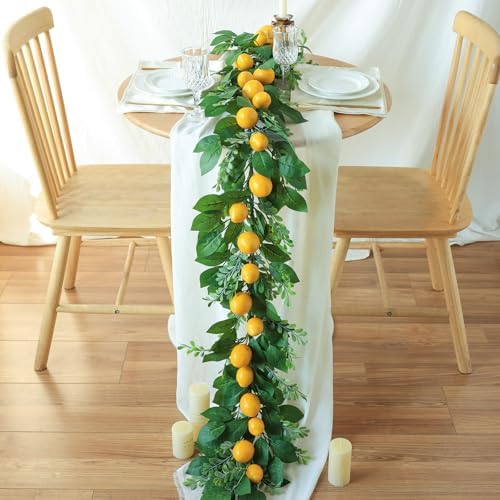 Mizii Artificial Lemon Garland 6FT Fake Fruit Lemons Garland Hanging Vines with Green Leaves Greenery Decorations for Kitchen Table Centerpieces Room Wall Party Wedding Birthday Decor (Lemon)