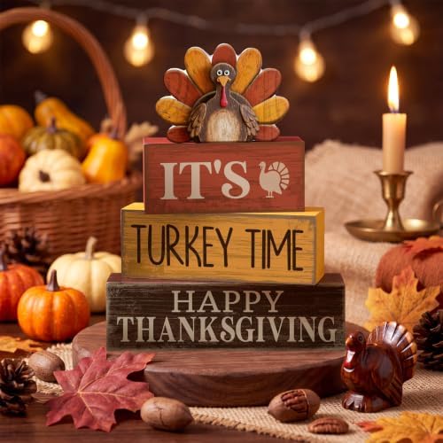 Lineshading 4 Pcs Fall Table Decor, Thanksgiving Turkey Time Wooden Signs