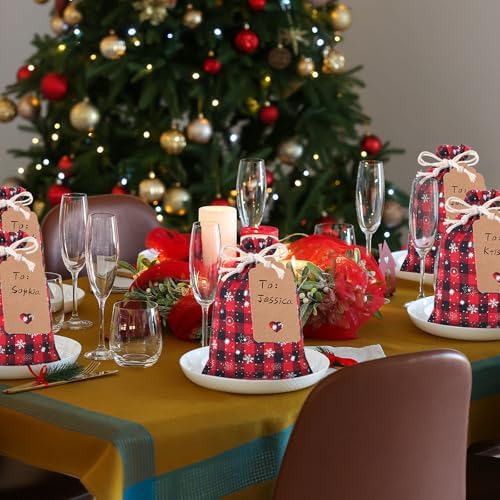Shappy 24 Pcs Christmas Drawstring Gift Bags Xmas Buffalo Plaid Burlap Advent Bags 7 x 5 Inches Linen Treat Candy Bag with 32.8 ft Rope 24 Card(Black Red Snowflake)