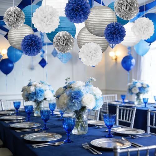 18 PCS Blue White Silver Paper Lanterns & Tissue Paper Pom Poms for Men's Birthday, Graduation 2026, Wedding, Hanging Paper Decor for Indoor Outdoor Events Theme Party Supplies