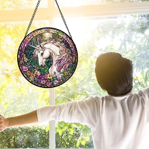Unicorn in Flower Forest Stained Glass Window Hanging Suncatcher Gift 7.8"