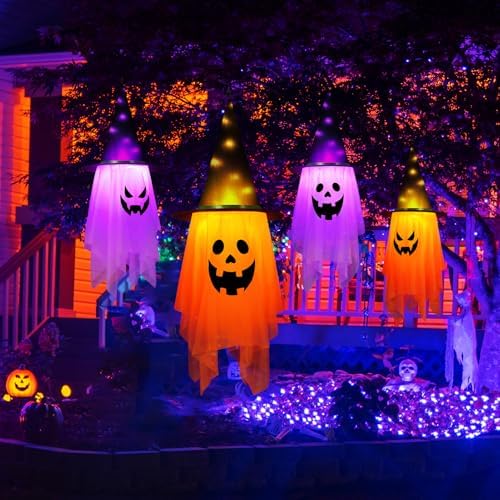 Halloween Decorations Outdoor,2 Pcs Large Lighted Glowing Ghost Witch Hats