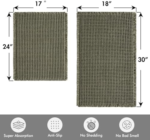 MIULEE Set of 2 Waffle Bathroom Rugs Boho Bath Mat Green 17"x24"+18"x30"