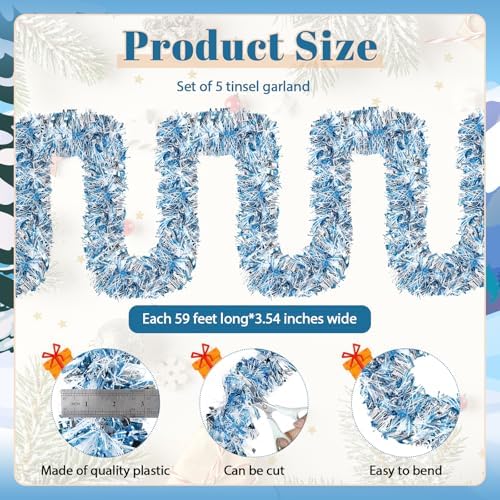 295 Feet Christmas Tinsel Garland Metallic Shiny Hanging Christmas Tree Tinsel Garland Ornaments for Indoor Outdoor Party Wedding Holiday(Blue, White, Silver)