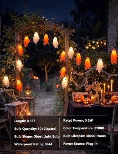 8.5FT 10 LED Halloween Orange and White Fabric Ghost String Lights Outdoor