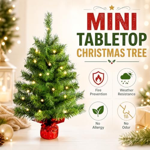 Pre-Lit 2ft Small Christmas Tree, Mini Tabletop Xmas Tree