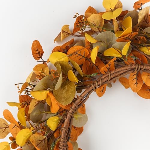 Eucalyptus Fall Wreaths for Front Door 22", Handmade Fall Leaves Wreath for Autumn, Floral Farmhouse Wreath for Wall and Outside Indoors