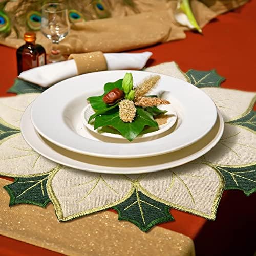 Christmas Green Poinsettia Placemat Set of 6, 14 Inch Embroidered Table Mat