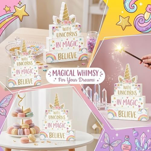 Britimes Tiered Tray Decor Set, 4 Pack, Wooden Table Sign, Unicorn Rainbow