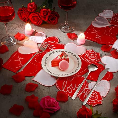 6 Pcs 11 x 17 Inch Embroidered Valentine's Day Placemats Applique Heart Placemats Red Rose Floral Love Heart Table Mats for Wedding Party Dining Table Decoration