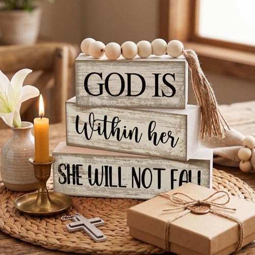 Lineshading 4 Pcs Wooden Blocks God Is Within Her Farmhouse Decor
