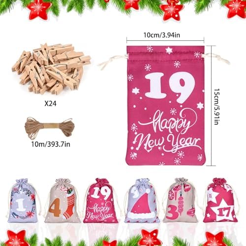 24 Pcs Christmas Advent Calendar Number Bags with Drawstring Closure, 24 Days Countdown Calendar Bags for Xmas gifts, Reusable Christmas gift Bags with Rope and Clips for Winter Holiday Party Favor (Purple)