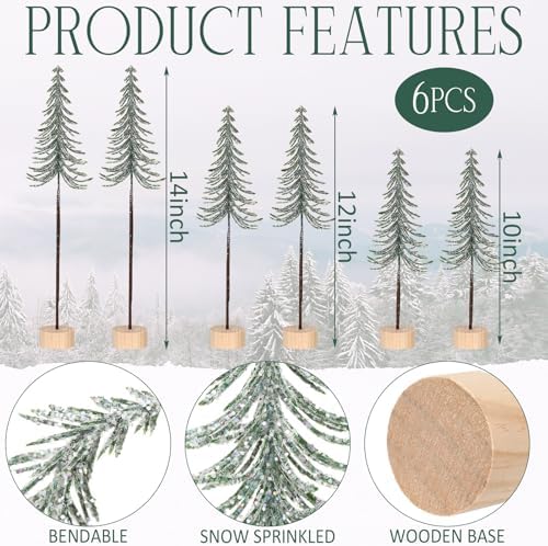 Jetec 6 Pcs Mini Christmas Tree Small Alpine Trees Tabletop Artificial Pine Christmas Tree with Wooden Base Snow Frost Village Bottle Brush Trees Holiday Season Decoration Centerpiece Displays(Green)