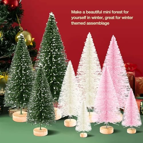 9Pcs Mini Christmas Trees Christmas Decor Artificial Christmas Decorations with 4 Sizes, Christmas Tree Bottle Brush Trees Christmas Table Decorations (Green Beige Pink)