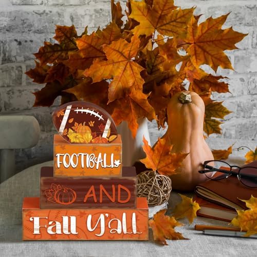 4 Pcs Fall Football Table Decor Football Wooden Blocks Signs with Sayings