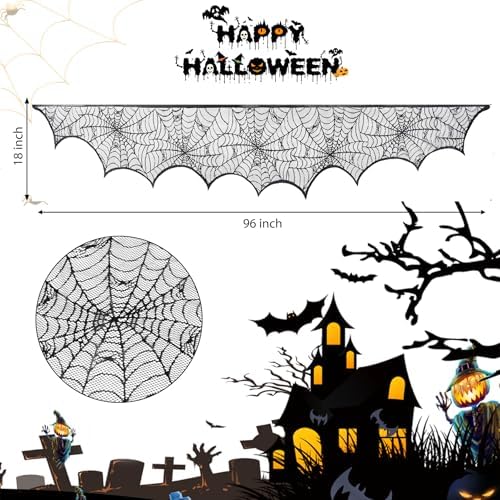 Halloween Fireplace Scarf, Black Lace Spiderweb Fireplace Mantle, Cobweb Fireplace Scarf for Halloween Party Door Window Decoration 18 x 96 inch