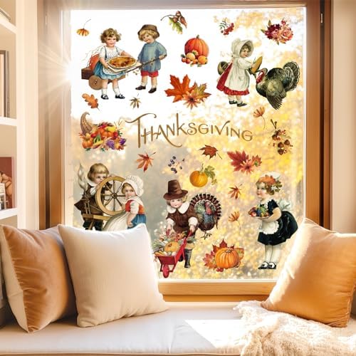 Whaline 6 Sheet Vintage Thanksgiving Window Clings Retro Fall Farmhouse Reusable Window Decals for Autumn Thanksgiving Home School Office Party Supplies Gifts