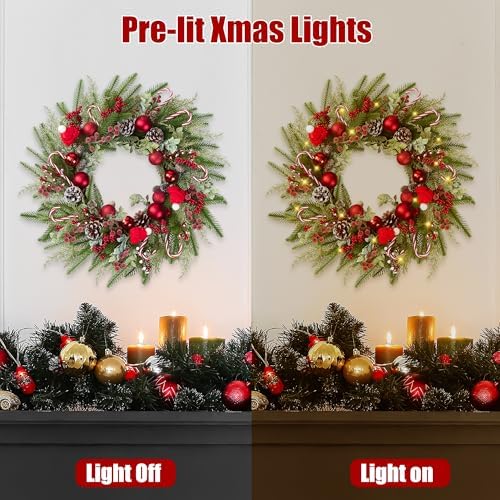22’’ Artificial Christmas Wreath for Front Door with Red Balls Candy Canes Pine Needles Red Berries Pine Cones Christmas Decorations for Winter Wall Outdoor Home Holiday Xmas Decor