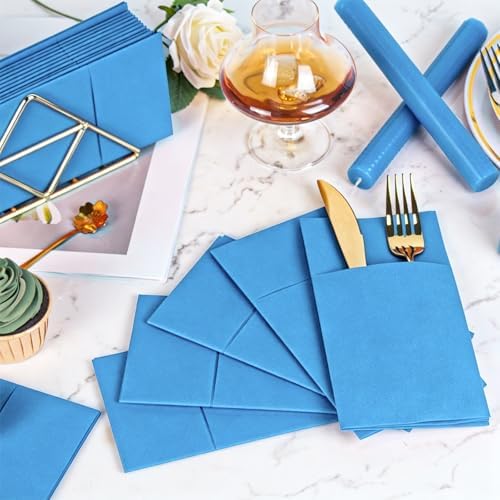 KAMMAK Napkins Disposbale 100 Pack Sky Blue Cloth like Paper Dinner Napkins with Pocket Folded Wedding Napkin Guest Hand Towels for Party Reception, Bathroom, Kitchen, Restaurants (16.5 x 16.5 inch)