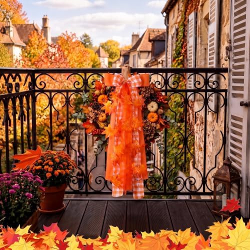 Riceshoot Fall Wreath Bow Orange Plaid Sash for Front Door Maple Leaf