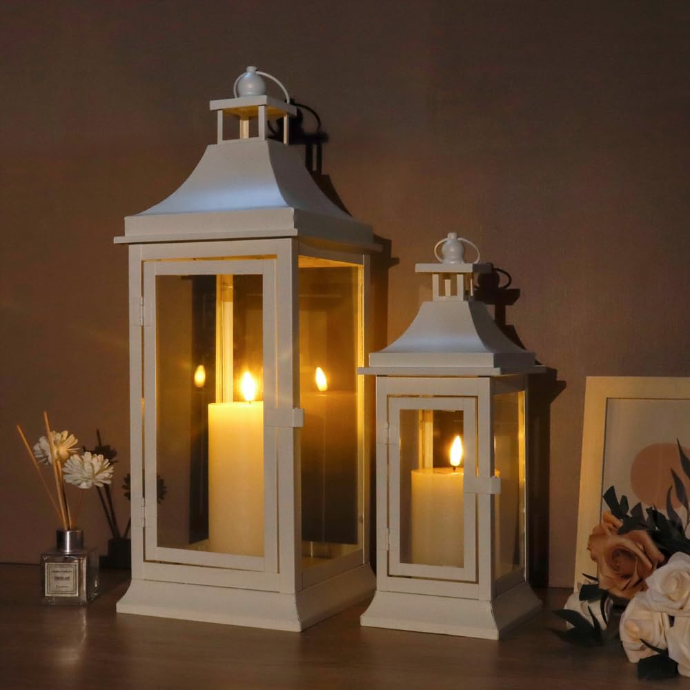 JHY DESIGN Set of 2 19.5''&13''Tall Vintage Candle Lanterns Outdoor Hanging Tower Lantern Metal Candle Holder for