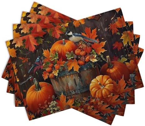 Pumpkin Maple Leaf Bird Fall Placemats Set of 4 Autumn Thanksgiving Seasonal Holiday Harvest Linen Table Mats Orange Brown Washable Place Mats for Party Kitchen Dining Outdoor Indoor Decor