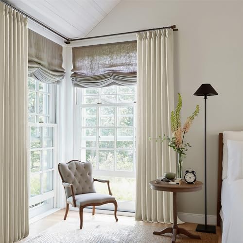 TWODRAPES Beige Pinch Pleated Linen Curtains 112 Inches Long 2 Panels