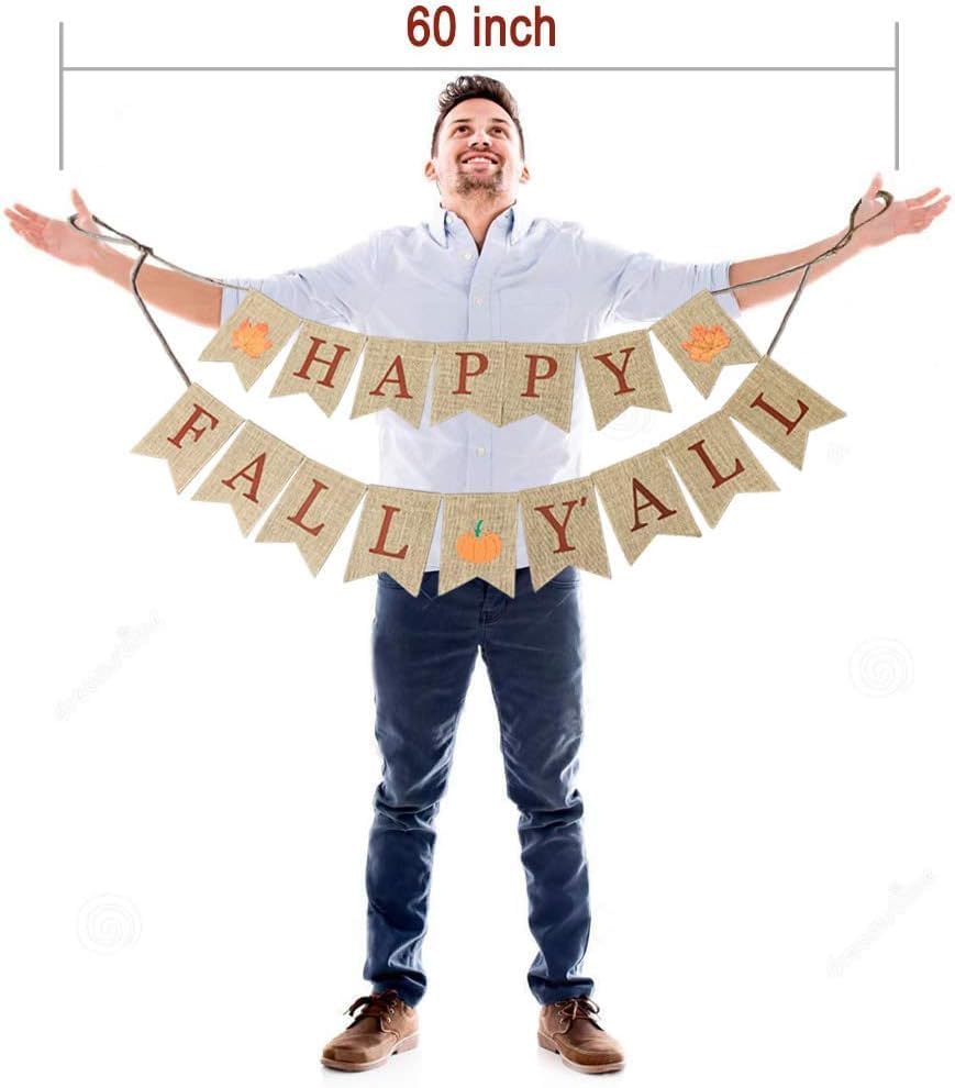 Happy Fall Yall Burlap Banner for Mantel Thanksgiving Decorations Autumn Sign Decor Rustic Farmhouse Banner Pumpkin Harvest Party Fireplace Wall Hanging Indoor Outdoor Pumpkin Patch Yard Home Office Garland Decoration