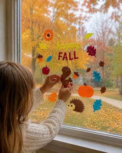 Fall Thanksgiving Window Gel Clings for Glass & Mirrors, 6 Reusable Sheets