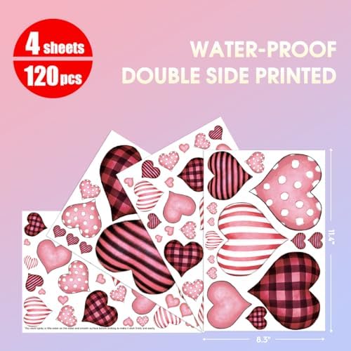 Horaldaily 120 PCS Valentine Window Cling Sticker, Pink Buffalo Plaid Stripe Dots Love Hearts Home Party Supplies Shop Window Glass Display Decoration