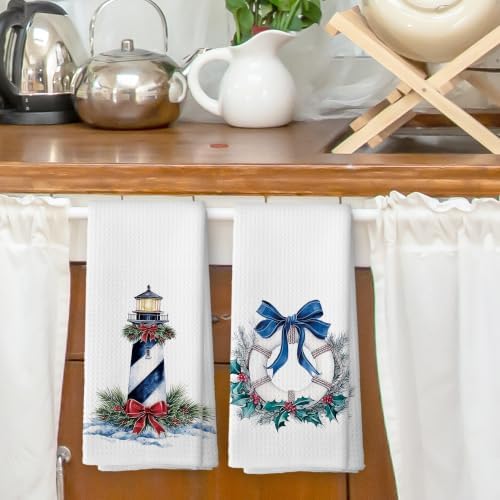 Coastal Nautical Christmas Kitchen Dish Towels 16x24, Set of 2