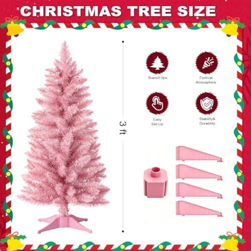 3ft Artificial Christmas Tree, Mini Xmas Pine Tree with 4-Leg Stable Plastic Base, Small Tabletop Christmas Tree for Home Office Holiday Party Indoor Decoration