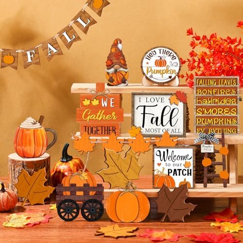 Fairysandy 21 Pcs Fall Tiered Tray Decor, Thanksgiving Table Sign, Gnome