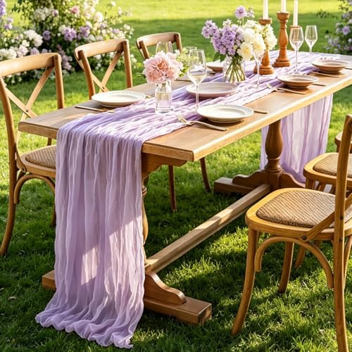 6Pcs Lilac Table Runner, 10FT Rustic Gauze Lavender Table Runner 35*120inch Boho Table Runners for Wedding Bridal Shower Baby Shower Table Centerpiece Decorations