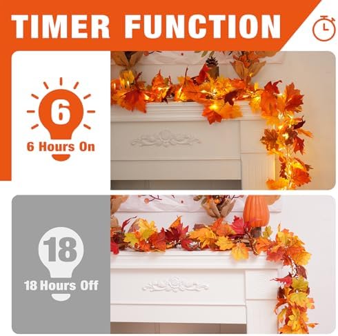 KASZOO 2 Pack Fall Maple Garland with 40 LED String Light- 5.8ft/Piece Artificial Fall Foliage Garland Autumn Decor for Home Wedding Party