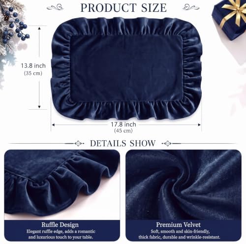 FoldTier 6 Pcs Christmas Navy Blue Velvet Rectangle Placemat with Ruffles