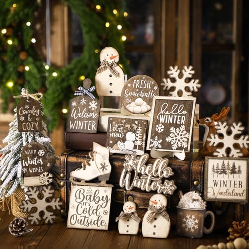 Shellwei 23 Pcs Winter Tiered Tray Decor Set Wood Rustic Hello Winter Snowman Snowflake Decoration Christmas Farmhouse Decor Xmas Signs for Christmas Decorative Trays Table Shelf Home Centerpiece