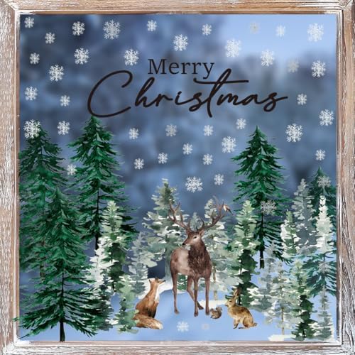 Horaldaily 35 PCS Christmas Window Cling Sticker, Green Xmas Trees Deer Squirrel Rabbit for Home Party Supplies Shop Window Glass Display Decoration