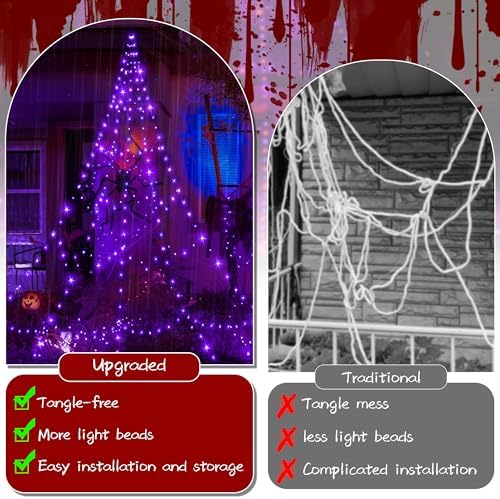 Ollny Halloween Lights Outdoor 454 LED Spider Web Lights Purple 17.4FT Tall