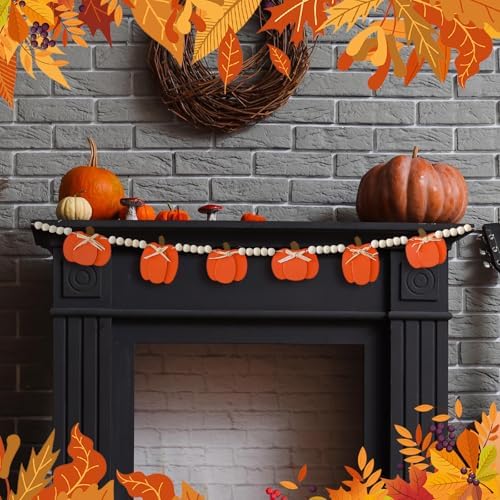Geelin 8.2 ft Fall Pumpkin Wood Bead Garland Banner, Pumpkin Fall Hanging