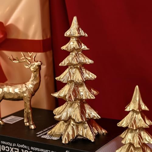 FESTGLOX Gold Christmas Tree Figurines,Small Resin Christmas Tabletop Trees