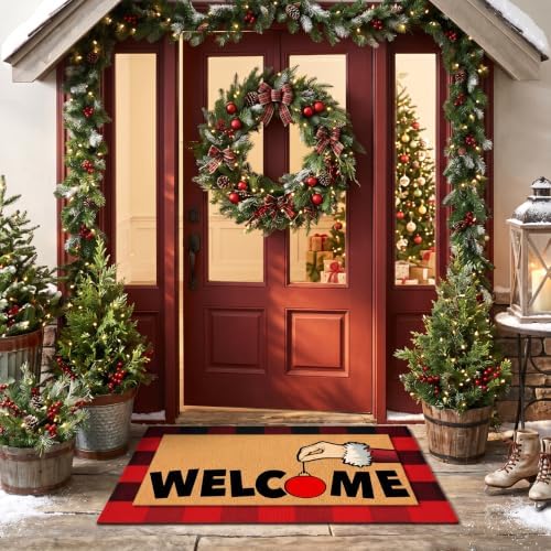 Tinideya 2 Pcs Christmas Door Mat Outdoor Layered Red and Black Welcome Mat