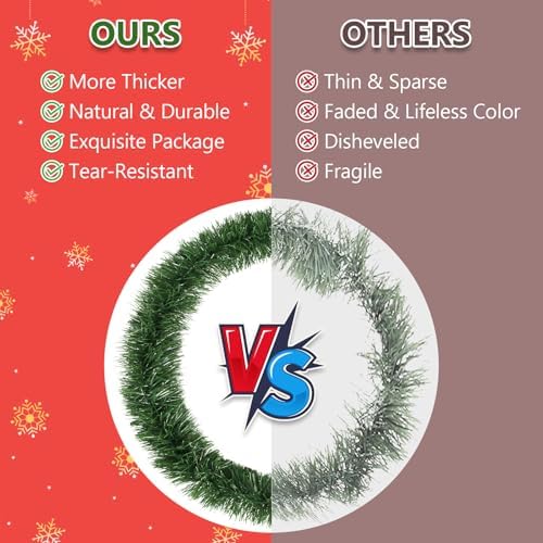 50Ft Green Christmas Garland for Decorations, Artificial Christmas Tinsel Greenery Outdoor Indoor Garlands, Straight Faux PVC Soft Garland for Stairs Railing Fireplace Window Mantle Home Party Decor