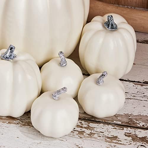 Halloween Autumn Harvest Festival 7 Artificial Pumpkins of Various Styles Decorate Rural Style Farmhouses Foam Pumpkins Thanksgiving Dinner Party Home Festival Autumn Decoration (White)